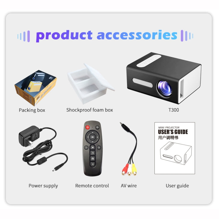T300 25ANSI LED Portable Home Multimedia Game Projector, US Plug(Black)