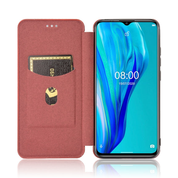 For Ulefone Note 9P Carbon Fiber Texture Horizontal Flip TPU + PC + PU Leather Case with Card Slot & Lanyard(Brown)