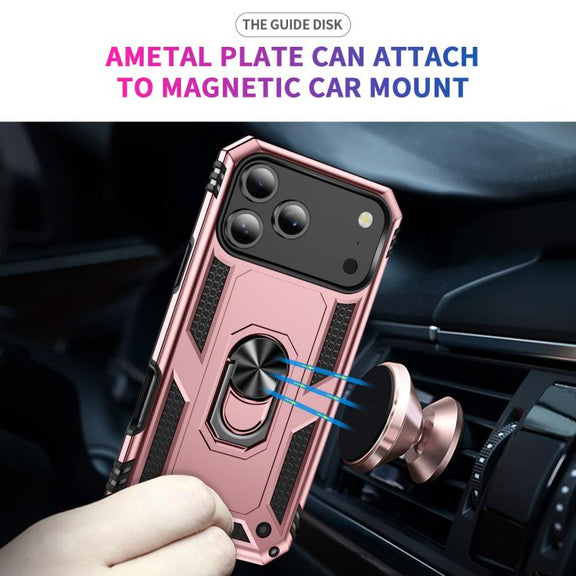 For iPhone 17 Pro Max Shockproof TPU Hybrid PC Phone Case with Holder(Rose Gold)