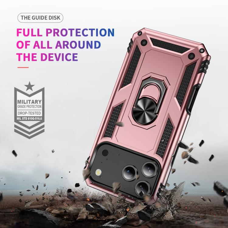 For iPhone 17 Pro Max Shockproof TPU Hybrid PC Phone Case with Holder(Rose Gold)