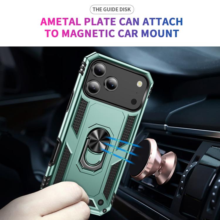For iPhone 17 Pro Max Shockproof TPU Hybrid PC Phone Case with Holder(Dark Green)