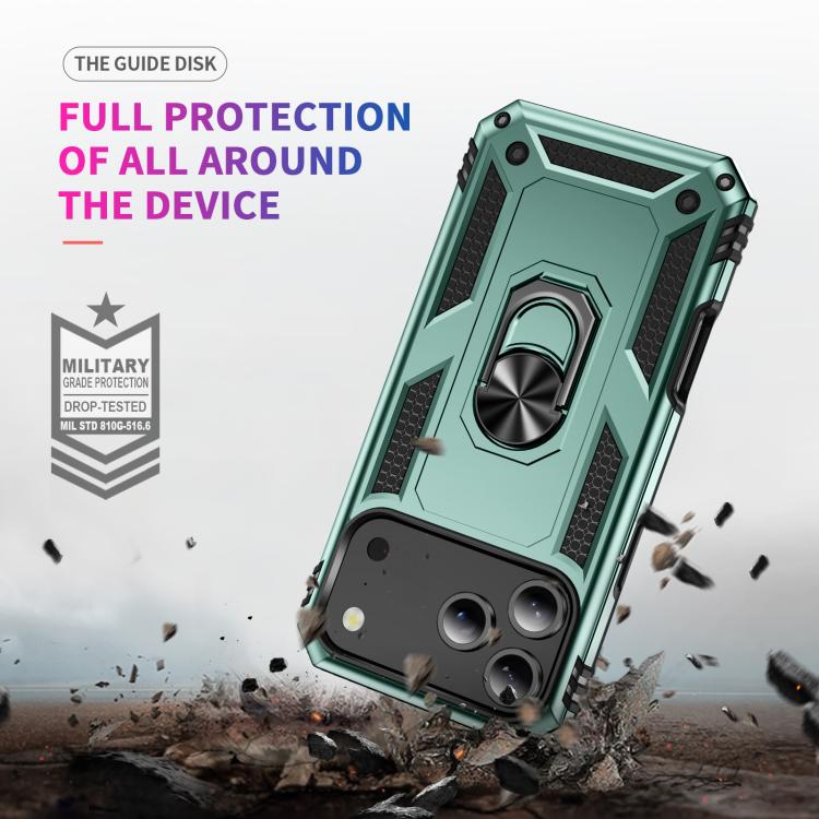 For iPhone 17 Pro Max Shockproof TPU Hybrid PC Phone Case with Holder(Dark Green)