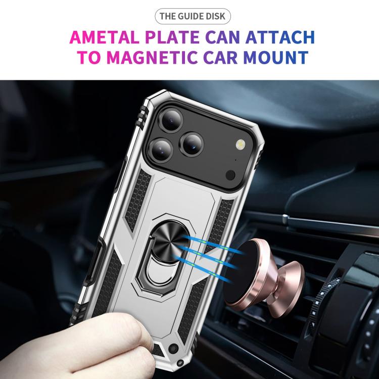 For iPhone 17 Pro Max Shockproof TPU Hybrid PC Phone Case with Holder(Silver)