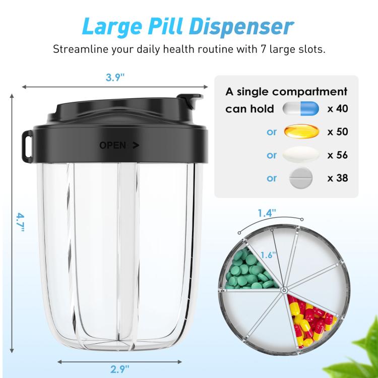 Portable Compartment Sealed Medicine Organizer Large Pill Storage Cup(Black)