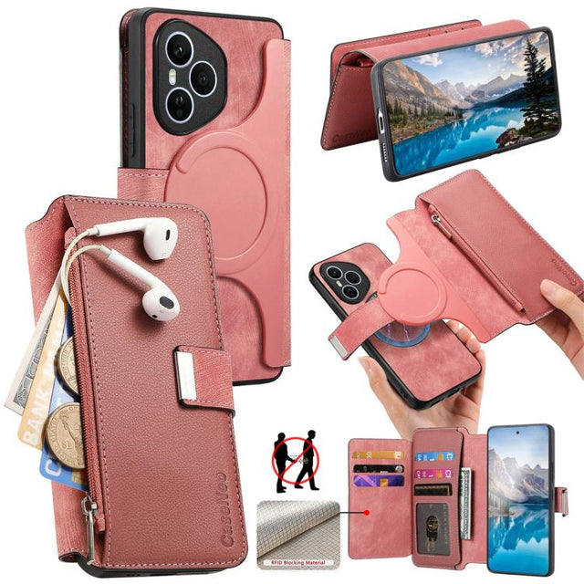 For Honor 400 Pro Global 160.8mm CaseNeo MagSafe RFID Anti-theft Zipper Wallet Retro Leather Phone Case(Pink)