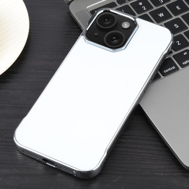For iPhone 15 Plus / 14 Plus Electroplating Frameless Frosted Anti-Glare PC MagSafe Phone Case(Silver White)