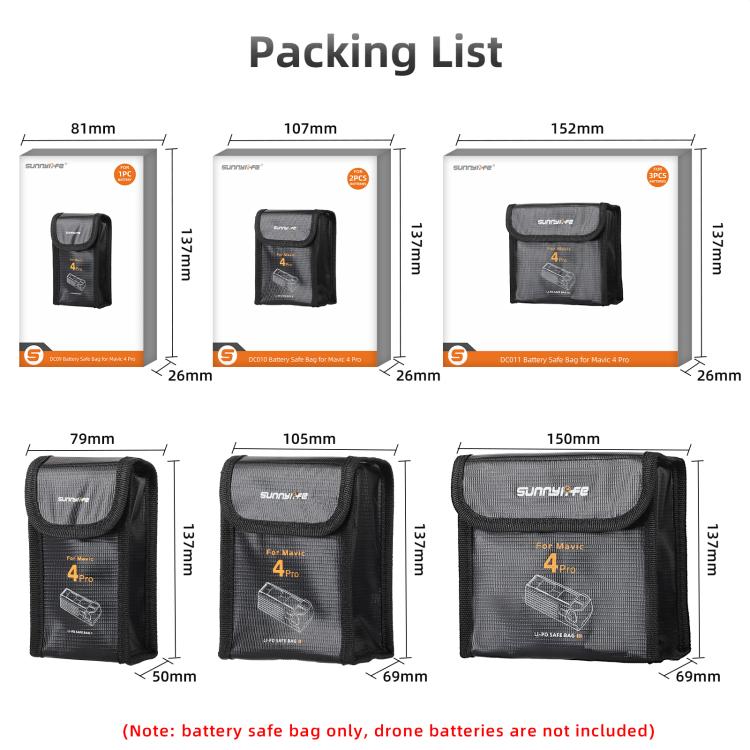 For DJI Mavic 4 Pro Sunnylife Battery Explosion-proof Safe Bag Protective Li-Po Safe Bag(For 3pcs Batteries)