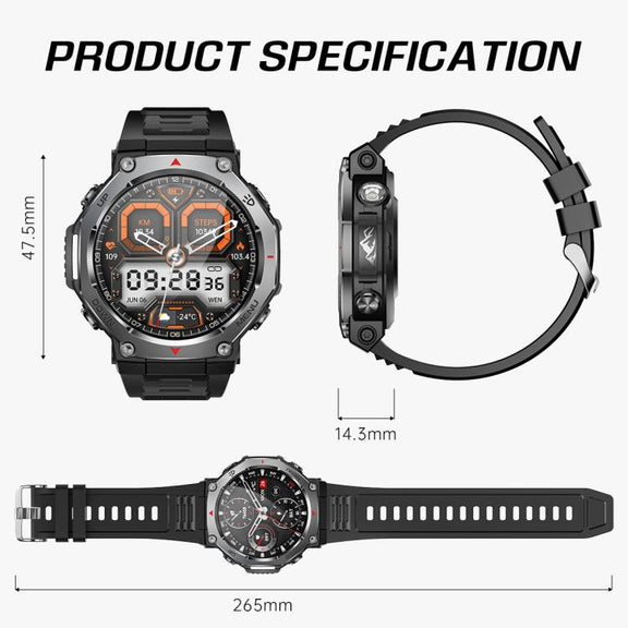 KT85 1.43 inch Screen 5ATM Outdoor Sports Smart Watch with Strong Flashlight(Black)