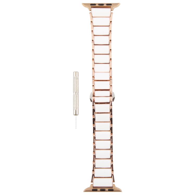 For Apple Watch 46mm / 49mm / 45mm / 44mm Three Beads Ceramics 18mm Steel Watch Band(Rose Gold White)