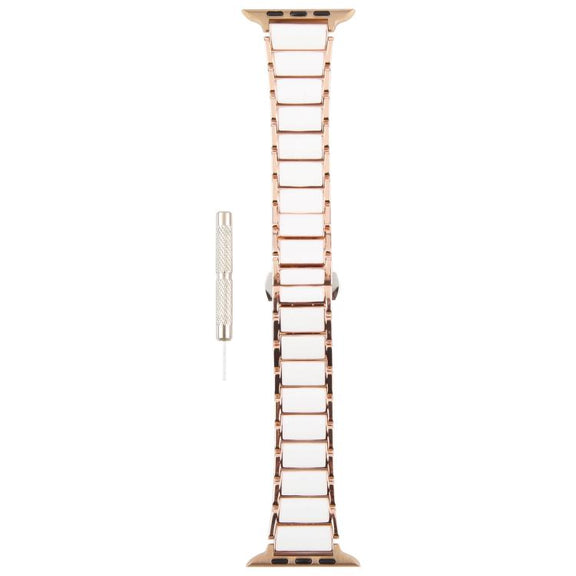 For Apple Watch 42mm / 41mm / 40mm / 38mm Three Beads Ceramics 18mm Steel Watch Band(Rose Gold White)