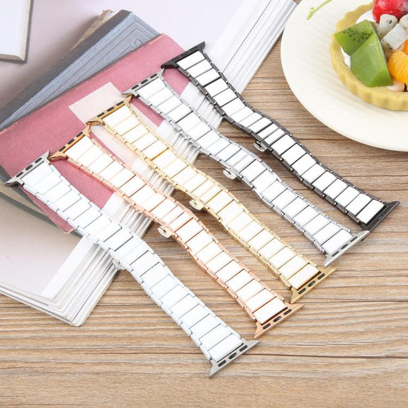 For Apple Watch 42mm / 41mm / 40mm / 38mm Three Beads Ceramics 18mm Steel Watch Band(Silver White)