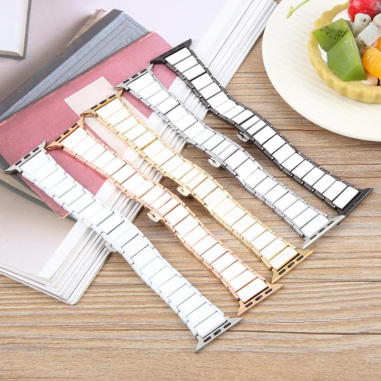 For Apple Watch 46mm / 49mm / 45mm / 44mm Three Beads Ceramics 18mm Steel Watch Band(Rose Gold White)