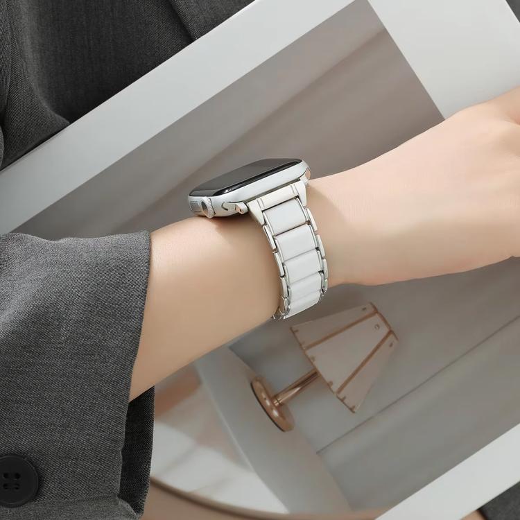 For Apple Watch 46mm / 49mm / 45mm / 44mm Three Beads Ceramics 18mm Steel Watch Band(Silver White)