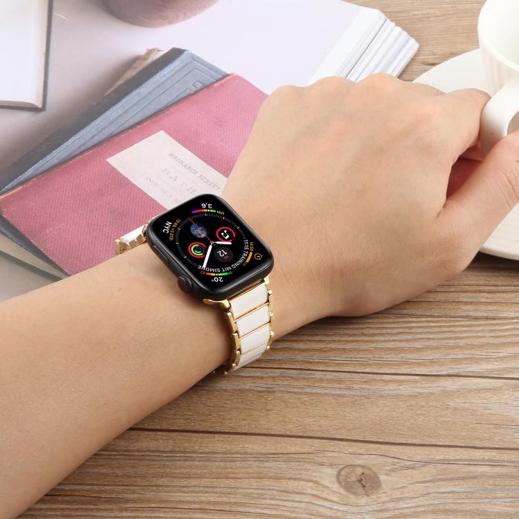 For Apple Watch 46mm / 49mm / 45mm / 44mm Three Beads Ceramics 18mm Steel Watch Band(Silver White)