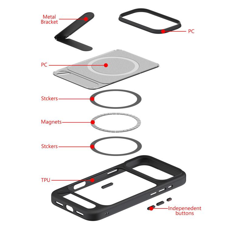 For iPhone 17 Kalebol MagSafe Invisible Tilt Holder PC Hybrid TPU Case(Black)