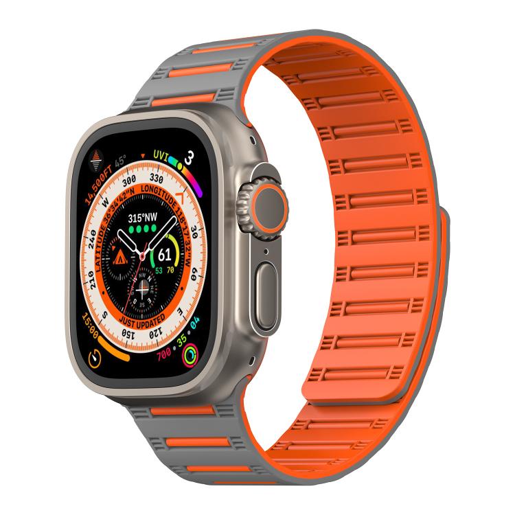For Apple Watch 46mm / 49mm / 45mm / 44mm Cylinder Magnetic Two-color Loop Silicone Watch Band(Grey Orange)