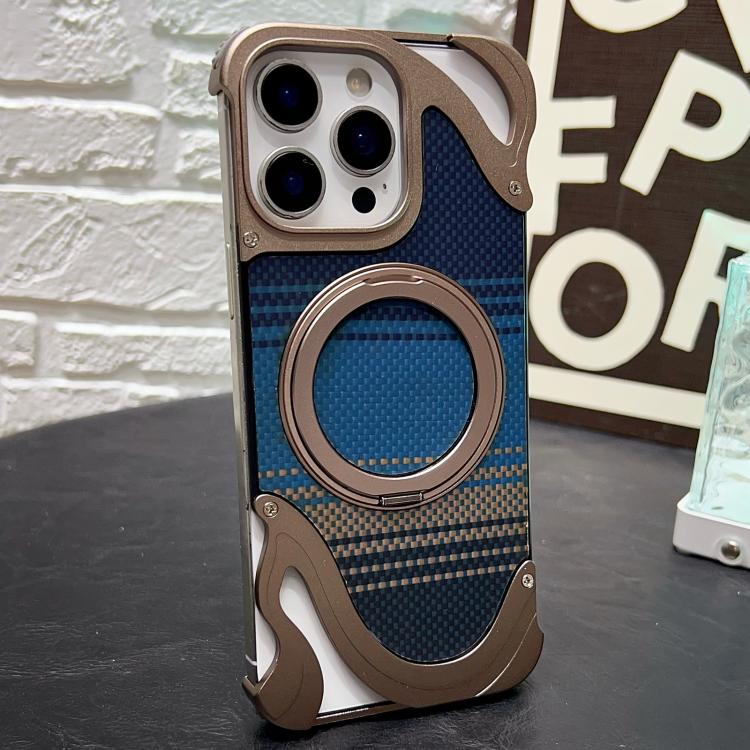 For iPhone 15 Pro Max Metal Frameless 360 Degree Rotation Holder MagSafe Phone Case(Dessert Gold)