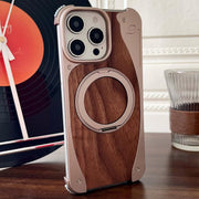 For iPhone 16 Pro Max Walnut Metal Frameless 360 Degree Rotation Holder MagSafe Phone Case(Dessert Gold)