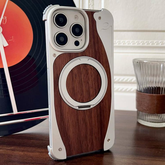 For iPhone 16 Pro Max Walnut Metal Frameless 360 Degree Rotation Holder MagSafe Phone Case(Silver)