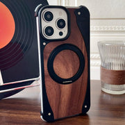 For iPhone 16 Pro Walnut Metal Frameless 360 Degree Rotation Holder MagSafe Phone Case(Black)