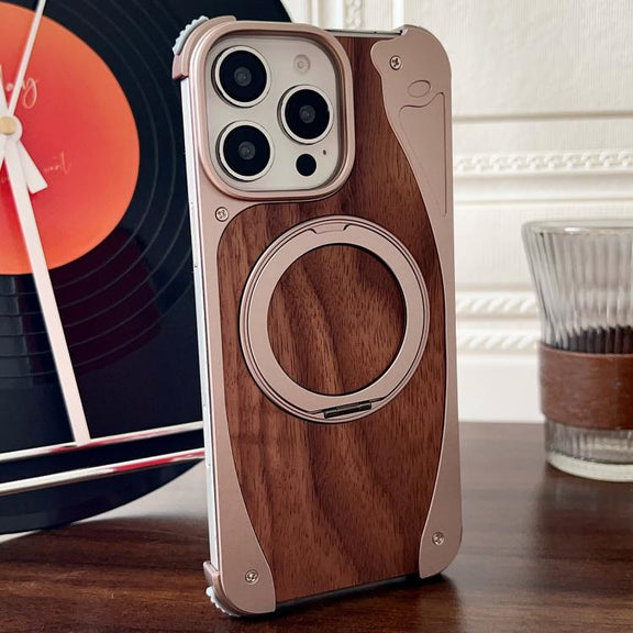 For iPhone 16 Pro Walnut Metal Frameless 360 Degree Rotation Holder MagSafe Phone Case(Dessert Gold)
