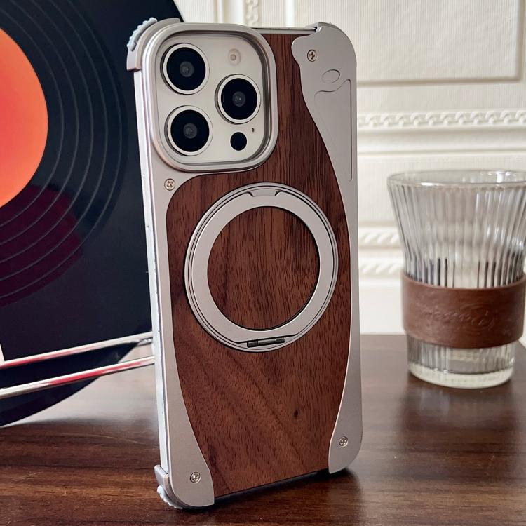 For iPhone 15 Pro Walnut Metal Frameless 360 Degree Rotation Holder MagSafe Phone Case(Titanium Color)
