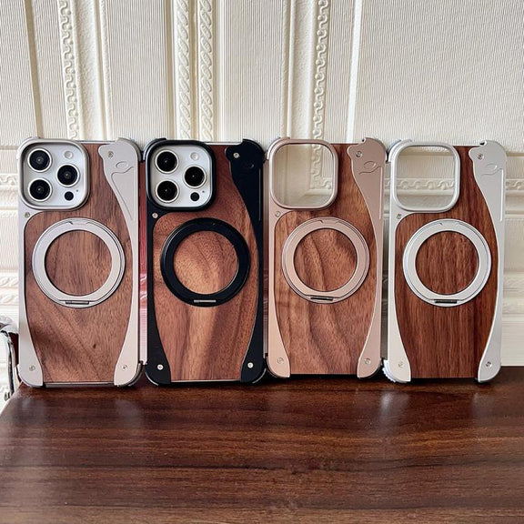 For iPhone 15 Pro Max Walnut Metal Frameless 360 Degree Rotation Holder MagSafe Phone Case(Titanium Color)