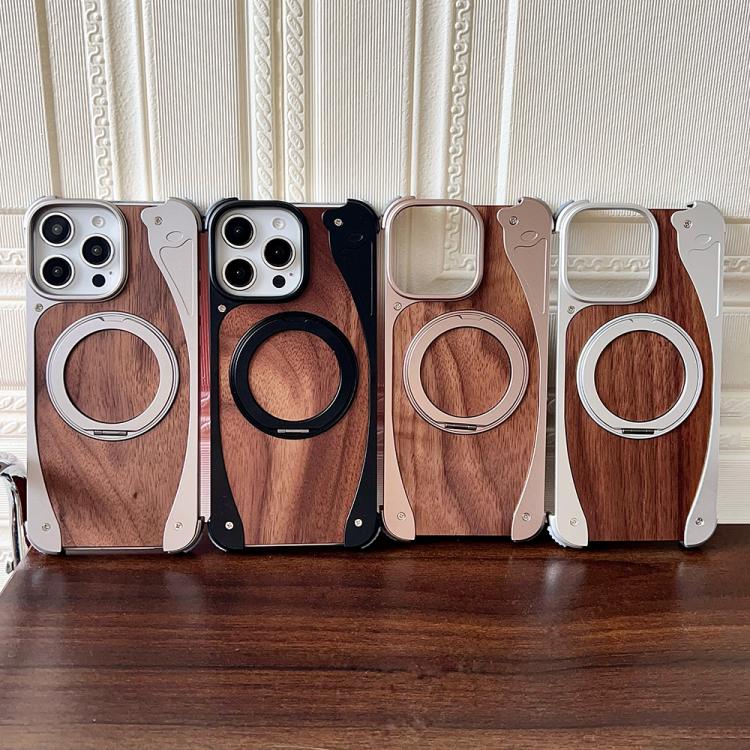 For iPhone 15 Pro Walnut Metal Frameless 360 Degree Rotation Holder MagSafe Phone Case(Silver)