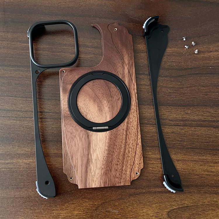 For iPhone 16 Pro Walnut Metal Frameless 360 Degree Rotation Holder MagSafe Phone Case(Black)