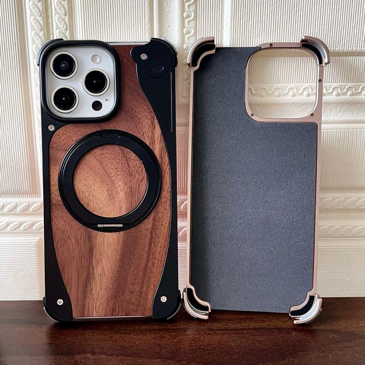For iPhone 16 Pro Walnut Metal Frameless 360 Degree Rotation Holder MagSafe Phone Case(Titanium Color)