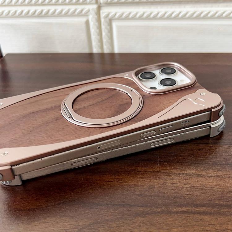For iPhone 16 Pro Max Walnut Metal Frameless 360 Degree Rotation Holder MagSafe Phone Case(Black)