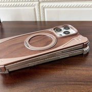 For iPhone 16 Pro Max Walnut Metal Frameless 360 Degree Rotation Holder MagSafe Phone Case(Black)