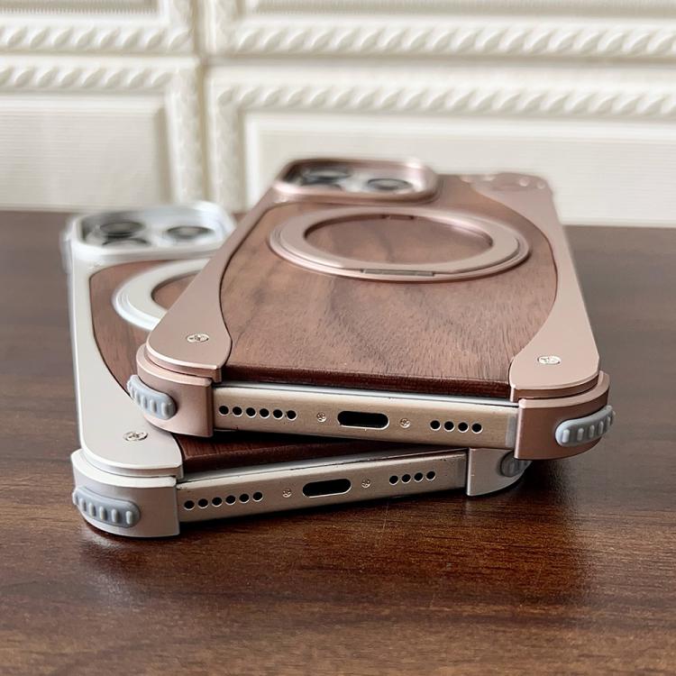 For iPhone 15 Pro Walnut Metal Frameless 360 Degree Rotation Holder MagSafe Phone Case(Titanium Color)