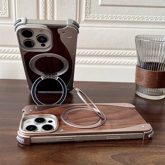 For iPhone 16 Pro Walnut Metal Frameless 360 Degree Rotation Holder MagSafe Phone Case(Titanium Color)