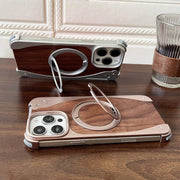 For iPhone 15 Pro Max Walnut Metal Frameless 360 Degree Rotation Holder MagSafe Phone Case(Titanium Color)