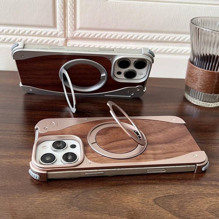 For iPhone 15 Pro Max Walnut Metal Frameless 360 Degree Rotation Holder MagSafe Phone Case(Black)