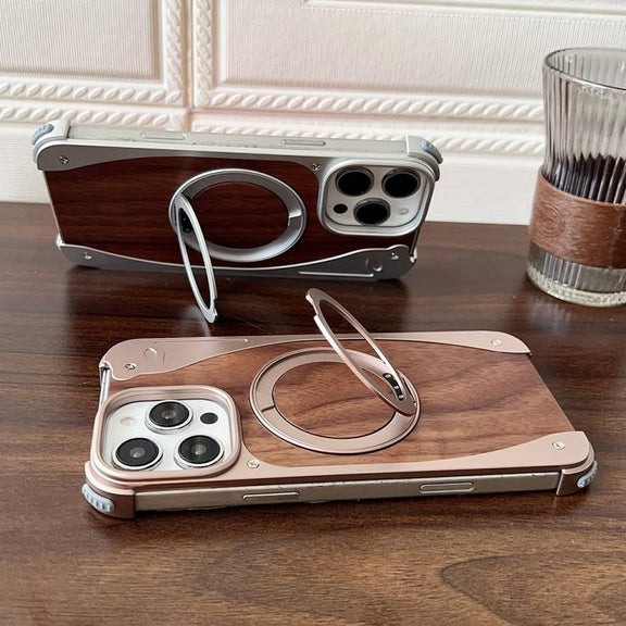 For iPhone 16 Pro Max Walnut Metal Frameless 360 Degree Rotation Holder MagSafe Phone Case(Titanium Color)
