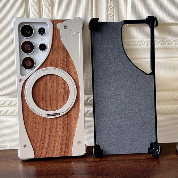 For Samsung Galaxy S24 Ultra 5G Walnut Metal Frameless 360 Degree Rotation Holder MagSafe Phone Case(Black)