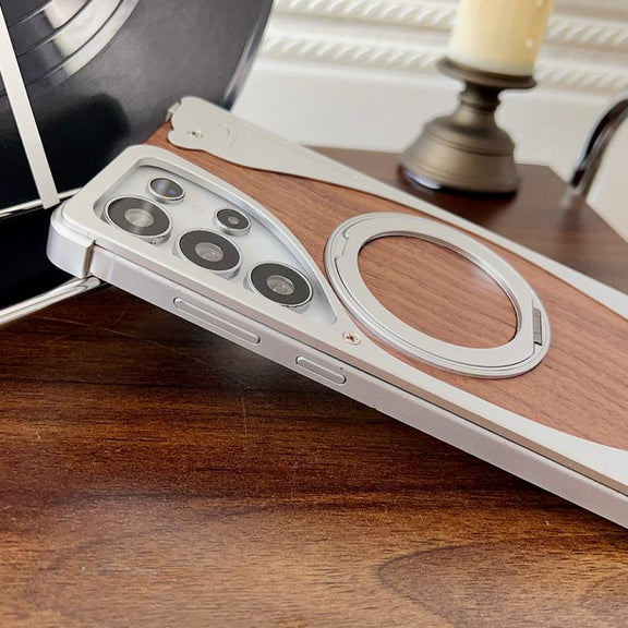 For Samsung Galaxy S24 Ultra 5G Walnut Metal Frameless 360 Degree Rotation Holder MagSafe Phone Case(Black)