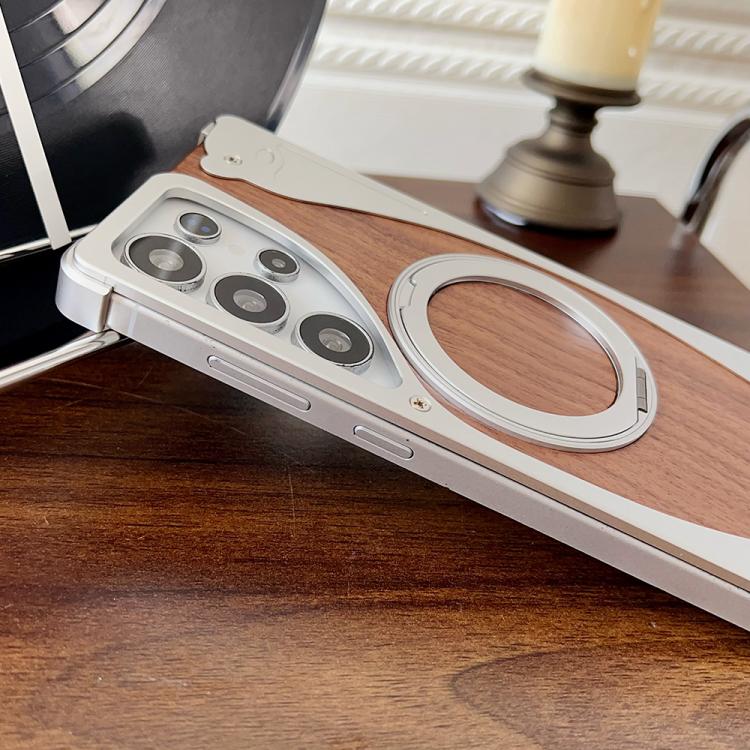For Samsung Galaxy S24 Ultra 5G Walnut Metal Frameless 360 Degree Rotation Holder MagSafe Phone Case(Black)