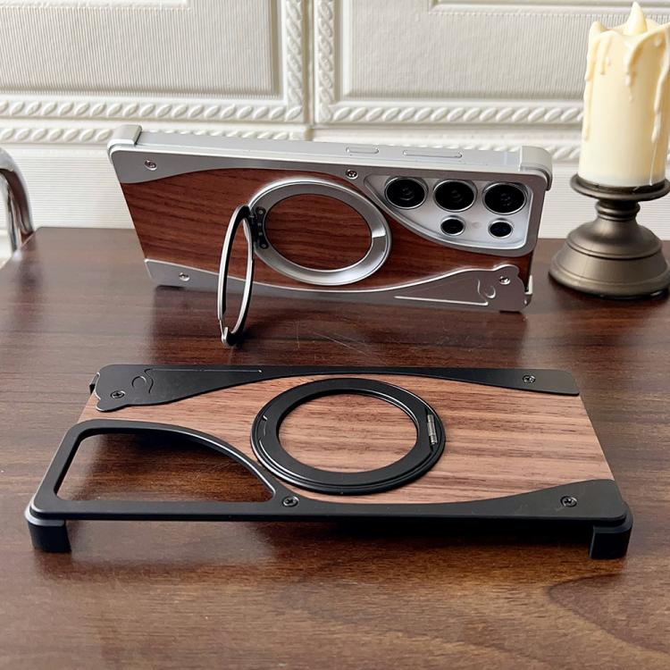 For Samsung Galaxy S24 Ultra 5G Walnut Metal Frameless 360 Degree Rotation Holder MagSafe Phone Case(Black)
