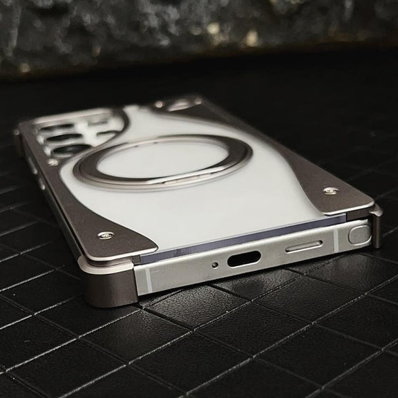 For Samsung Galaxy S24 Ultra 5G Metal Frameless 360 Degree Rotation Holder MagSafe Transparent Phone Case(Black)