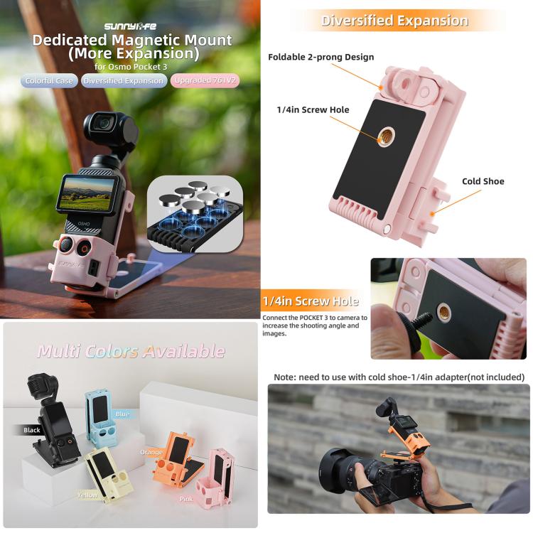 For DJI OSMO Pocket 3 Sunnylife Magnetic Mount 1/4 Adapter Cold Shoe Tabletop Base Bracket Angles Adjustable Multi Expansion Mount(Yellow)