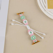 For Apple Watch 46mm / 49mm / 45mm / 44mm Hemp Rope Woven Flowers Drawstring Watch Band(Green White)