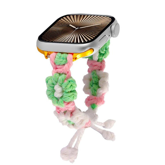 For Apple Watch 46mm / 49mm / 45mm / 44mm Hemp Rope Woven Flowers Drawstring Watch Band(Green White)