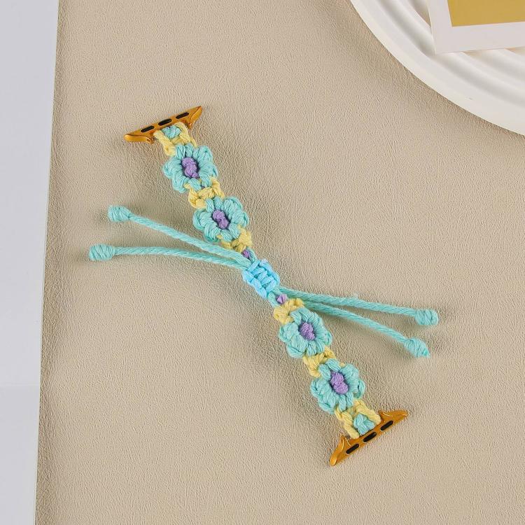 For Apple Watch 46mm / 49mm / 45mm / 44mm Hemp Rope Woven Flowers Drawstring Watch Band(Teal Green)