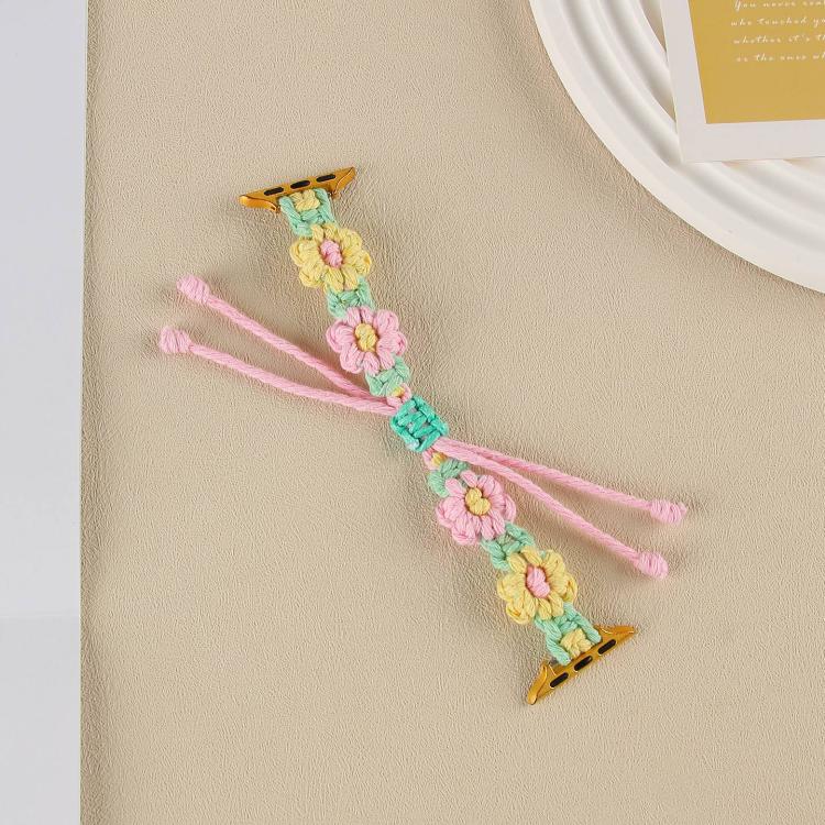 For Apple Watch 46mm / 49mm / 45mm / 44mm Hemp Rope Woven Flowers Drawstring Watch Band(Yellow Pink)