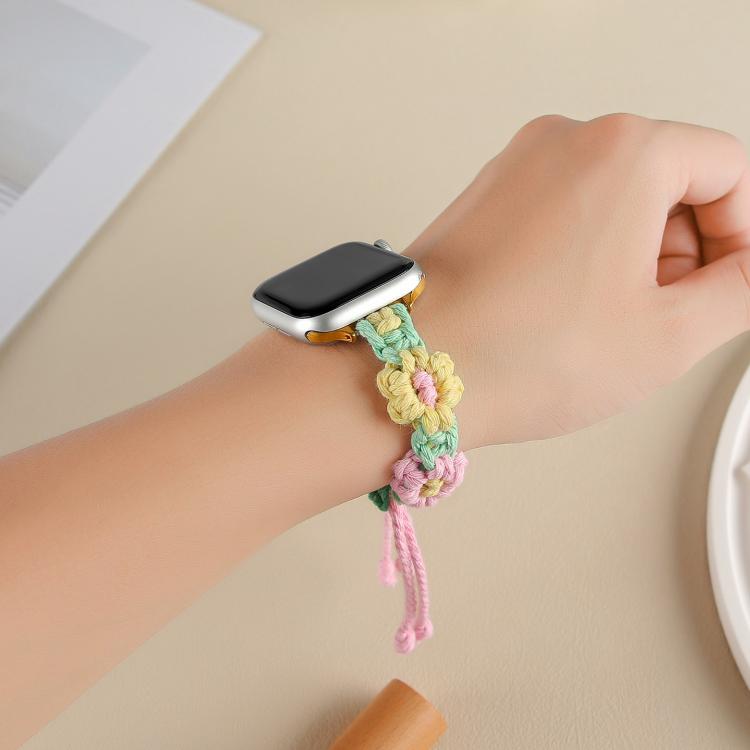 For Apple Watch 46mm / 49mm / 45mm / 44mm Hemp Rope Woven Flowers Drawstring Watch Band(Yellow Pink)