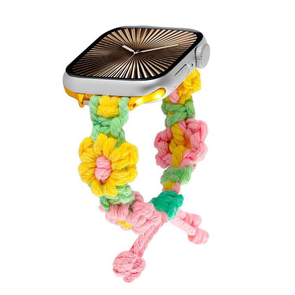 For Apple Watch 46mm / 49mm / 45mm / 44mm Hemp Rope Woven Flowers Drawstring Watch Band(Yellow Pink)