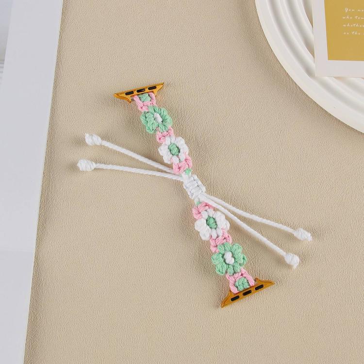 For Apple Watch 42mm / 41mm / 40mm / 38mm Hemp Rope Woven Flowers Drawstring Watch Band(Green White)